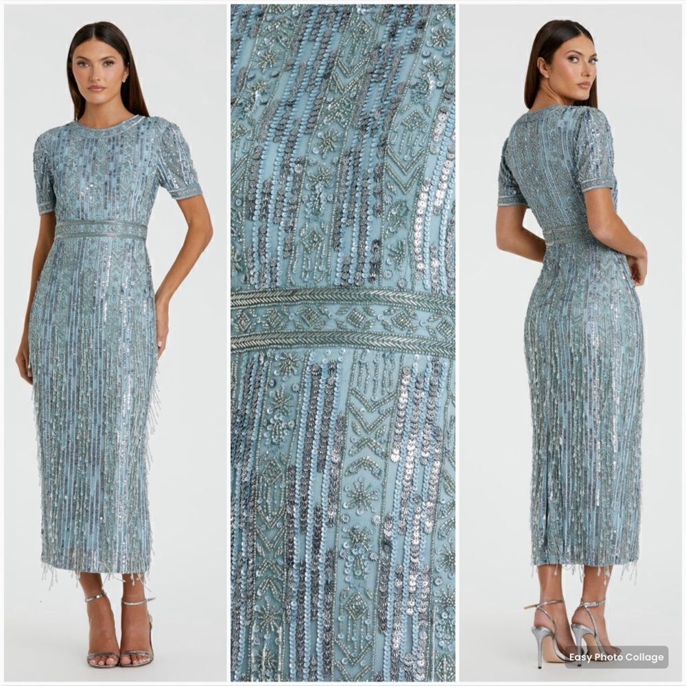 Mac Duggal 5980 Blue High Neck Short Sleeve Crystal Fringe Column Dress